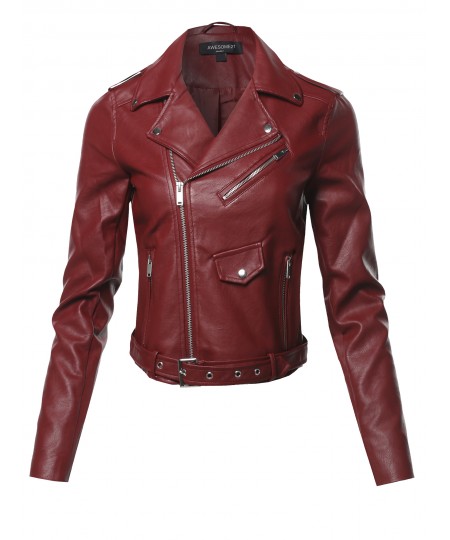 Women's Faux Leather Zip Up Front Biker Jacket