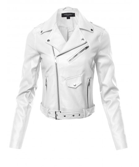 Women's Faux Leather Zip Up Front Biker Jacket