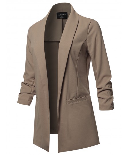 Women's Solid 3/4 Shirring Sleeves Open Front Blazer Jacket