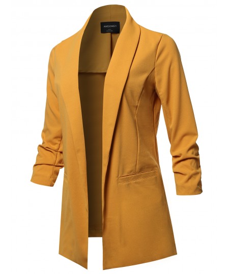 Women's Solid 3/4 Shirring Sleeves Open Front Blazer Jacket