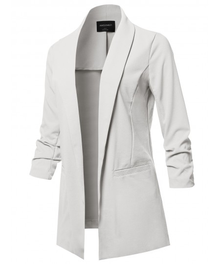 Women's Solid 3/4 Shirring Sleeves Open Front Blazer Jacket