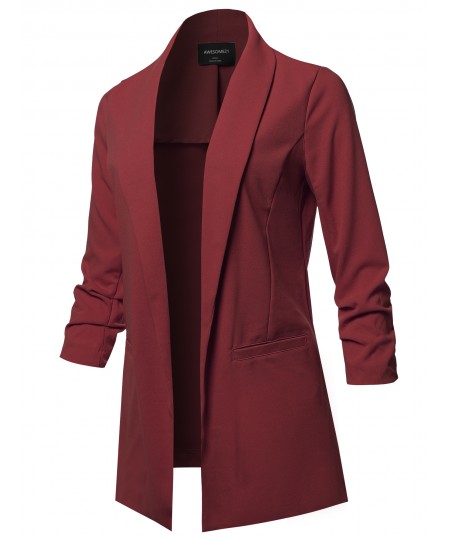 Women's Solid 3/4 Shirring Sleeves Open Front Blazer Jacket