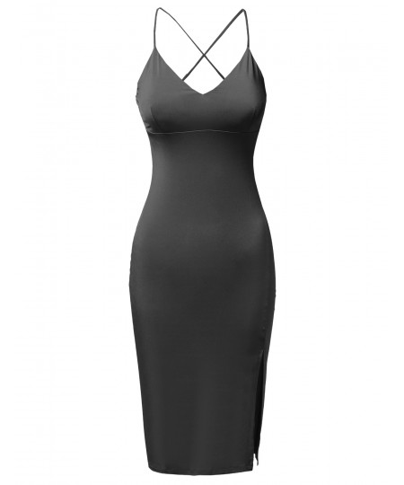 Women's Solid Silky Stretch Strappy Front Slit Midi Length Bodycon Dress