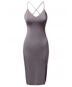 Women's Solid Silky Stretch Strappy Front Slit Midi Length Bodycon Dress