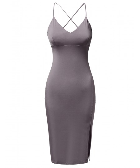 Women's Solid Silky Stretch Strappy Front Slit Midi Length Bodycon Dress