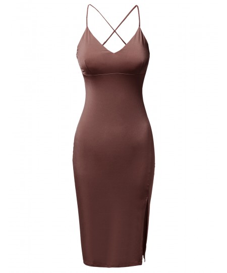 Women's Solid Silky Stretch Strappy Front Slit Midi Length Bodycon Dress