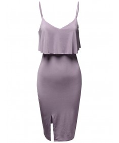Women's Party Club Solid Silky Stretch Strappy Overlay Slit Bodycon Dress