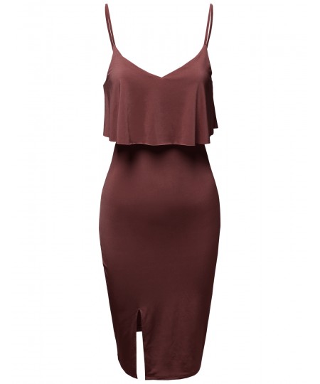 Women's Party Club Solid Silky Stretch Strappy Overlay Slit Bodycon Dress