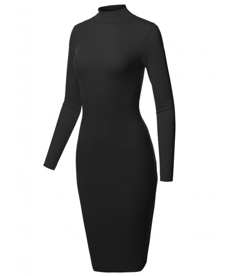 Women's Sexy Long Sleeves Mock Neck Midi Body-Con Dress - MADE in USA