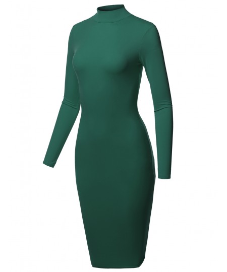 Women's Sexy Long Sleeves Mock Neck Midi Body-Con Dress - MADE in USA