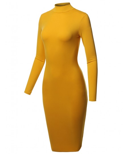 Women's Sexy Long Sleeves Mock Neck Midi Body-Con Dress - MADE in USA