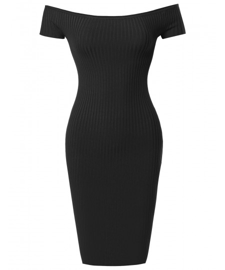 Women's Solid Midweight Stretch Ribbed Off Shoulder Bodycon Midi Dress