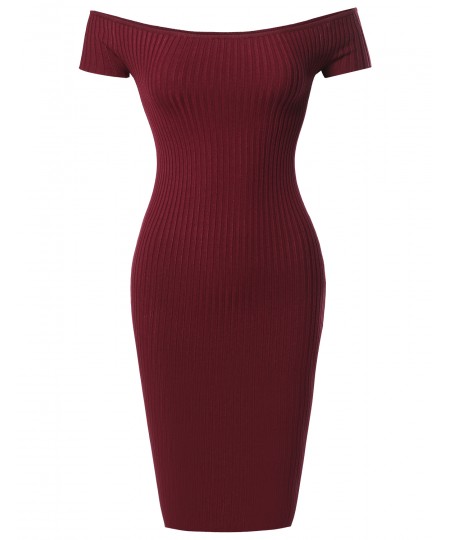 Women's Solid Midweight Stretch Ribbed Off Shoulder Bodycon Midi Dress