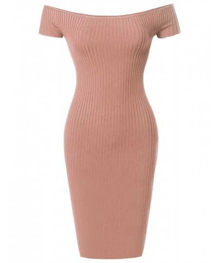 Women's Solid Midweight Stretch Ribbed Off Shoulder Bodycon Midi Dress