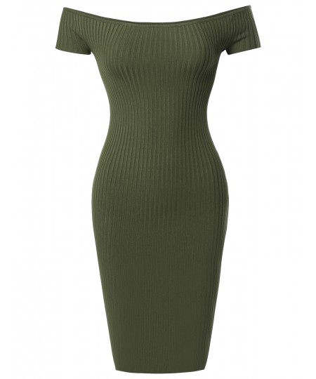 Women's Solid Midweight Stretch Ribbed Off Shoulder Bodycon Midi Dress