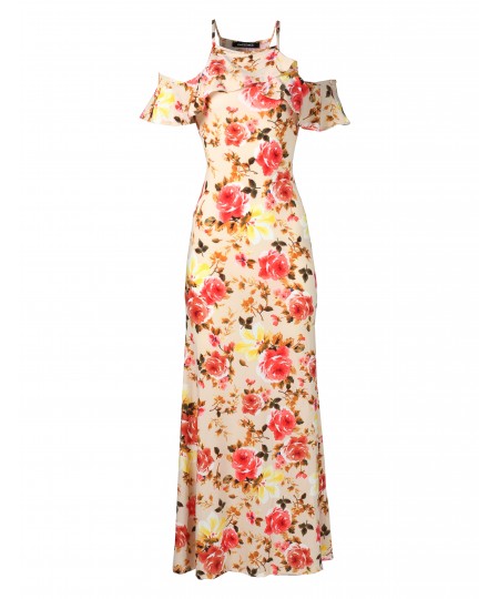 Women's Beach Wedding Guest Floral Ruffle Sleeve Maxi Dress Made in USA