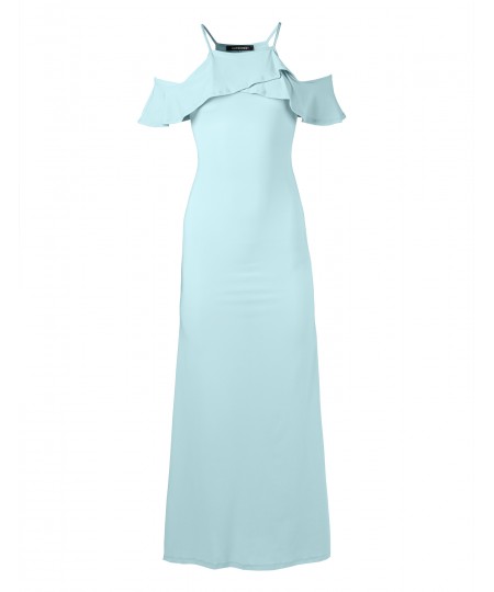 Women's Bridesmaid Wedding Solid Ruffle Sleeve Maxi Dress Made in USA