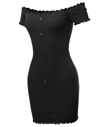 Women's Solid Button Down Off Shoulder Mini Dress