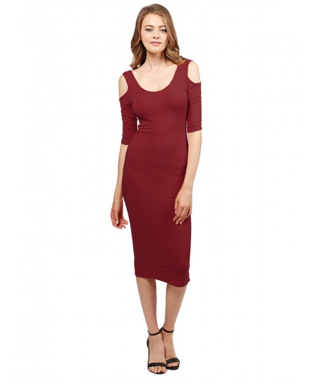 Women's Solid Soft Stretch Ribbed Cut out Shoulder Bodycon Midi Dress