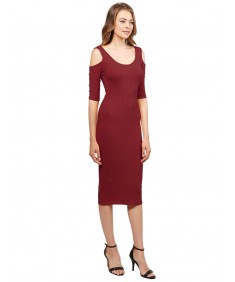 Women's Solid Soft Stretch Ribbed Cut out Shoulder Bodycon Midi Dress