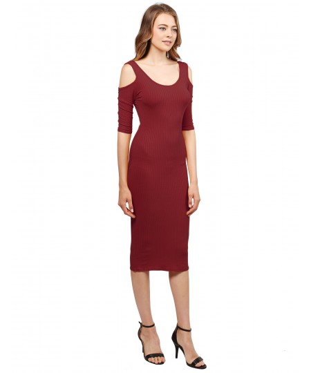 Women's Solid Soft Stretch Ribbed Cut out Shoulder Bodycon Midi Dress