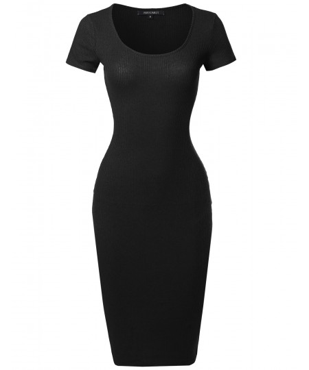 Women's Short Sleeve Scoop Neck Stretch Rib Body-Con Midi Dress