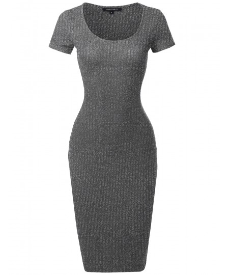 Women's Short Sleeve Scoop Neck Stretch Rib Body-Con Midi Dress