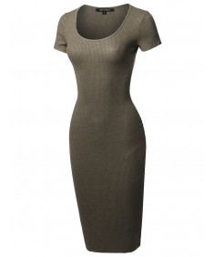 Women's Short Sleeve Scoop Neck Stretch Rib Body-Con Midi Dress