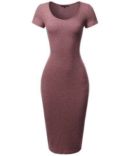 Women's Short Sleeve Scoop Neck Stretch Rib Body-Con Midi Dress