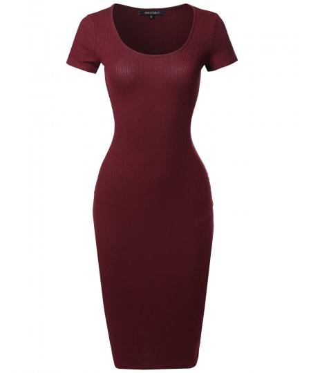 Women's Short Sleeve Scoop Neck Stretch Rib Body-Con Midi Dress