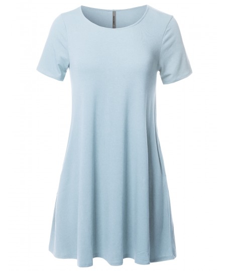 Women's Solid Premium Fabric Round Neck Short Sleeves Dress with Side Pocket 