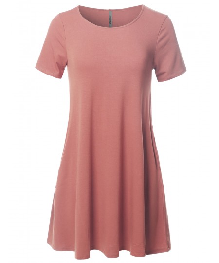 Women's Solid Premium Fabric Round Neck Short Sleeves Dress with Side Pocket 