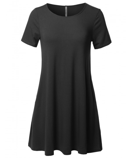 Women's Solid Premium Fabric Round Neck Short Sleeves Dress with Side Pocket 