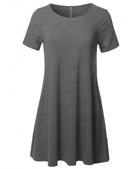 Women's Solid Premium Fabric Round Neck Short Sleeves Dress with Side Pocket 