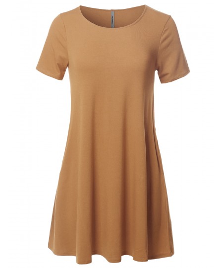 Women's Solid Premium Fabric Round Neck Short Sleeves Dress with Side Pocket 