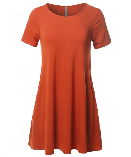 Women's Solid Premium Fabric Round Neck Short Sleeves Dress with Side Pocket 