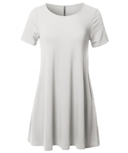 Women's Solid Premium Fabric Round Neck Short Sleeves Dress with Side Pocket 