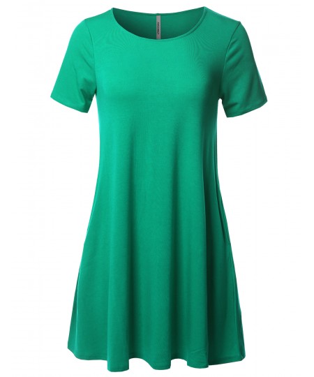 Women's Solid Premium Fabric Round Neck Short Sleeves Dress with Side Pocket 