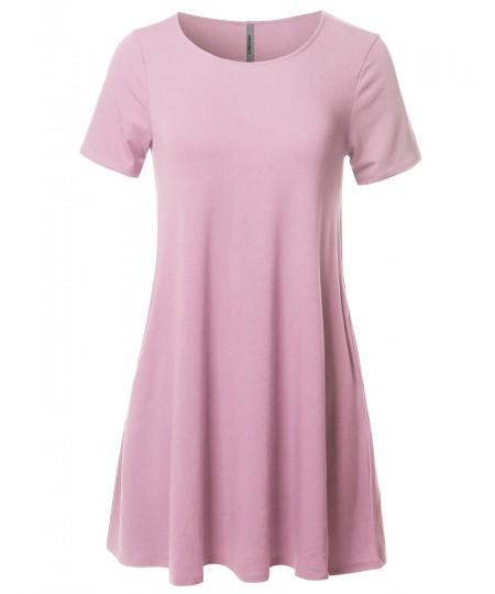 Women's Solid Premium Fabric Round Neck Short Sleeves Dress with Side Pocket 