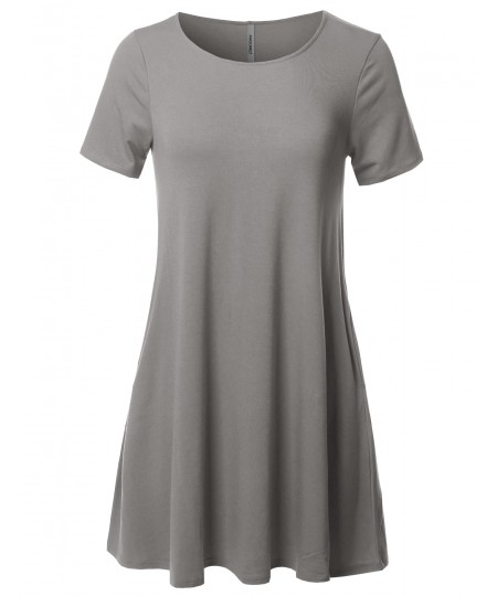 Women's Solid Premium Fabric Round Neck Short Sleeves Dress with Side Pocket 