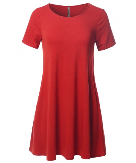 Women's Solid Premium Fabric Round Neck Short Sleeves Dress with Side Pocket 