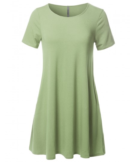 Women's Solid Premium Fabric Round Neck Short Sleeves Dress with Side Pocket 