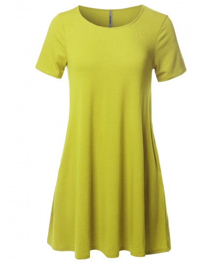 Women's Solid Premium Fabric Round Neck Short Sleeves Dress with Side Pocket 