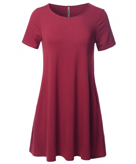 Women's Solid Premium Fabric Round Neck Short Sleeves Dress with Side Pocket 