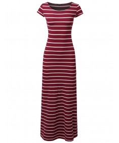 Women's Casual Stripe Round Neck Cap Sleeves Maxi Dress