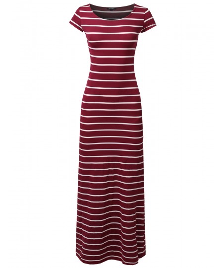 Women's Casual Stripe Round Neck Cap Sleeves Maxi Dress