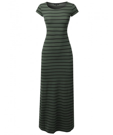 Women's Casual Stripe Round Neck Cap Sleeves Maxi Dress