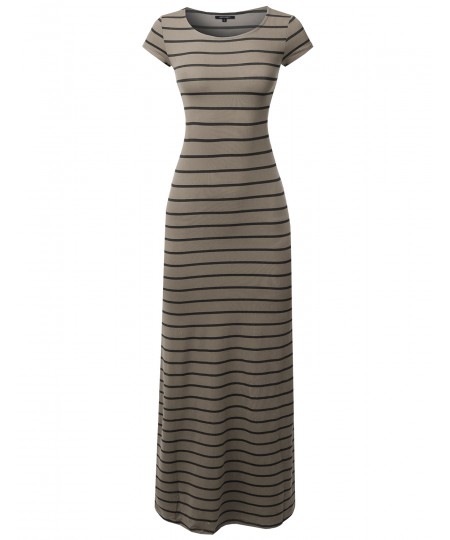 Women's Casual Stripe Round Neck Cap Sleeves Maxi Dress