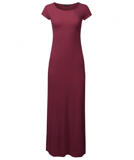 Women's Casual Solid Round Neck Cap Sleeves Maxi Dress