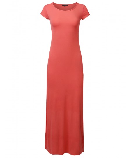 Women's Casual Solid Round Neck Cap Sleeves Maxi Dress